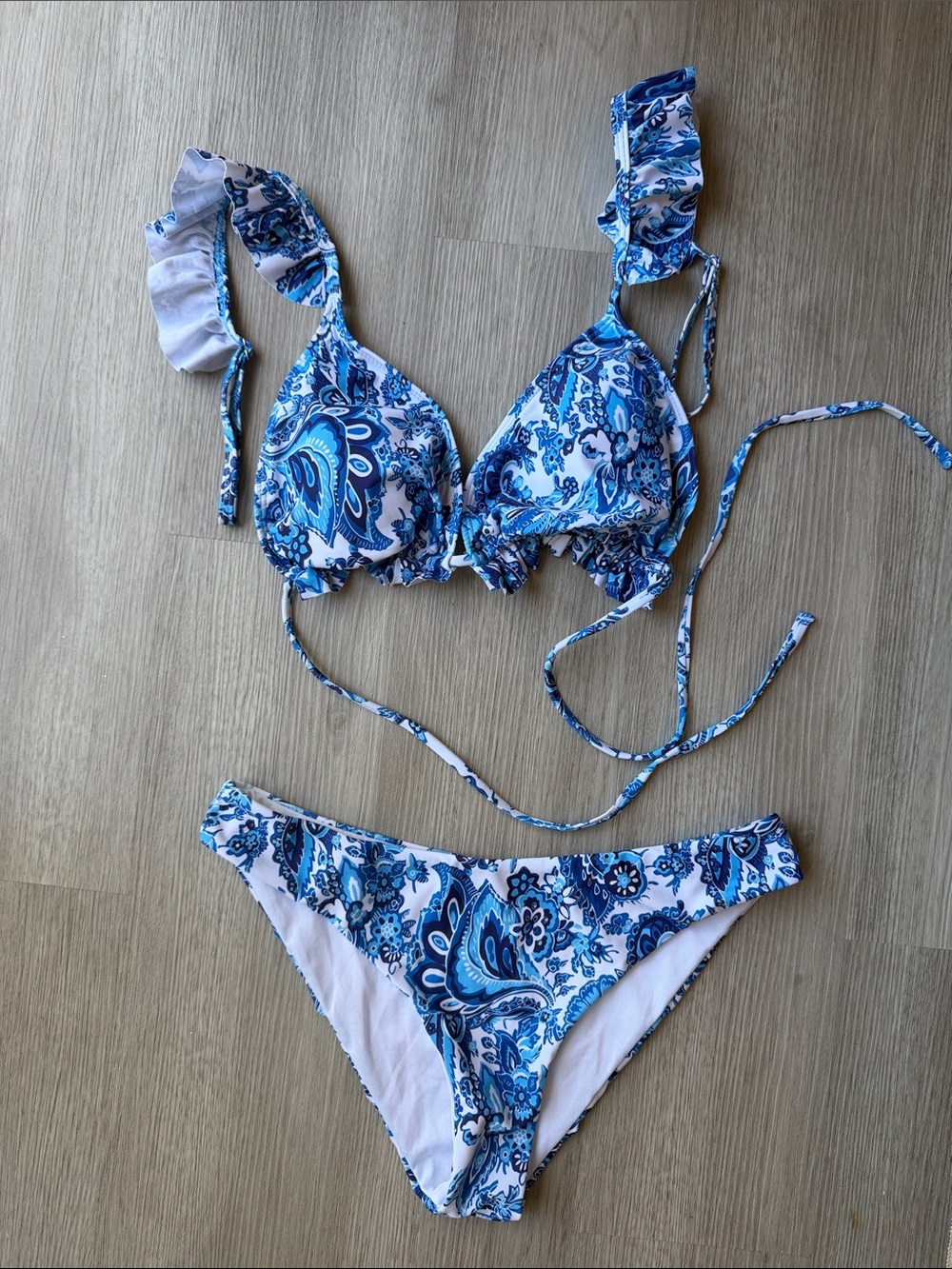 SHEIN Blue White Paisley Ruffle Bikini Set